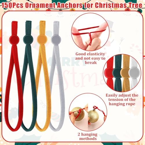 JUNEBRUSHS 150Pcs Ornament Hangers, Adjustable Ornament Ribbon Hangers Christmas Ties String Ribbon Loops for Ornaments Hanging Tree Decorations for Christmas Tree, Red Green Gold Silver - Image 4