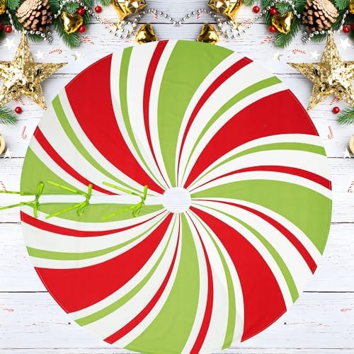 48 Inch Christmas Tree Skirt Peppermint Candy Tree Mat Large Christmas Red White and Green Trees Skirt Candy Swirl Stripe Trees Skirts for Xmas Holiday Home Party Ornament Rustic Farmhouse Decoration - Image 5
