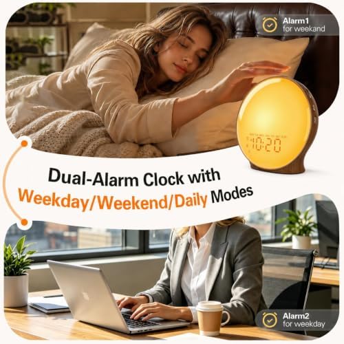 JALL Full-Screen Wake Up Light Sunrise Alarm Clocks for Bedrooms, White Noise Machine for Heavy Sleepers, 25 Natural Sounds, Dual Alarms, FM Radio, 17 Dimmable Colors, Bluetooth Speaker - Image 4
