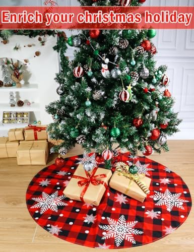 Multiwins Christmas Tree Skirt Red and Black Buffalo Plaid Tree Skirt Snowflake Design, 48 inches Thick Layer Farmhouse Rustic Xmas Tree Skirts for Christmas Decorations and New Year Holiday Party - Image 2