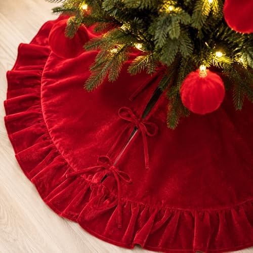 48-Inch Dark Red Ruffled Velvet Christmas Tree Skirt with 3 Bow Ties, Large Round Vintage Xmas Tree Base Cover for Christmas, New Year, Home Holida Party Decor, 122 cm by AtiMing