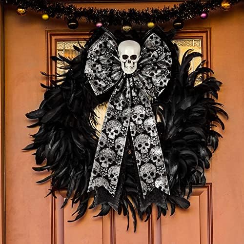 Skull Gothic Decor,Halloween Bows for Wreaths Decorations, Halloween Tree Topper Bow, Decorative Bow with Skull Glitter Silver Black Burlap for Fall Home Front Door Outdoor - Image 5