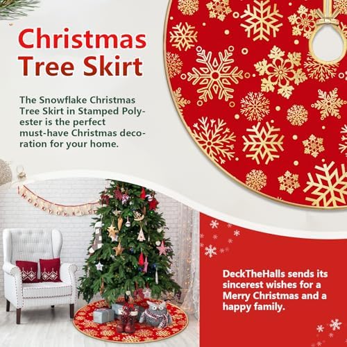 DeckTheHalls 48 Inch Christmas Tree Skirt, Snowflake Round Red Tree Skirt - Image 7