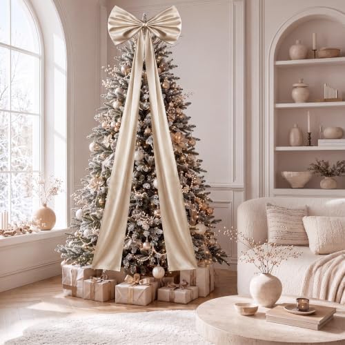 Daifunli 24 x 79 Inches Giant Satin Bow Christmas Tree Topper,Champagne - Image 6