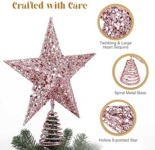 Lewondr Christmas Star Tree Topper with Lights and Sequins, Pink - Image 5