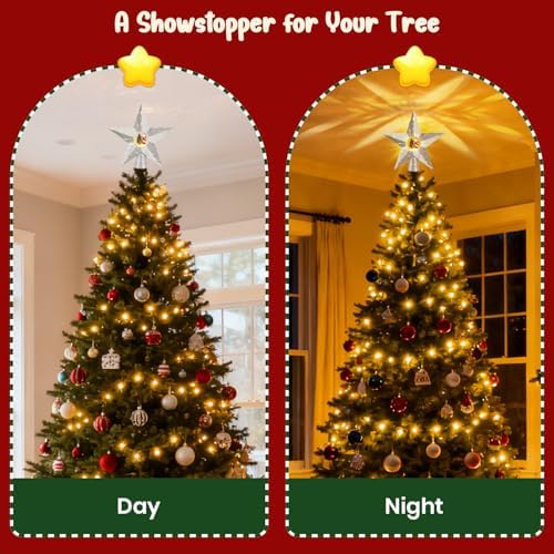 Silver Rotating Christmas Tree Topper Star with Santa Scene, 4 Warm Yellow LED Lights, Spinning Motion, Glitter Silver Finish, Tree Decoration with 9.8FT Power Cord for Holiday Home Decor - Image 6
