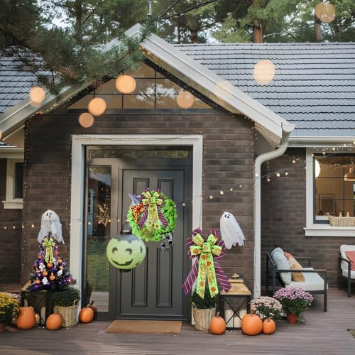 Large Halloween Pumpkin Tree Topper Bow, Green Purple Wreath Bow - Image 4