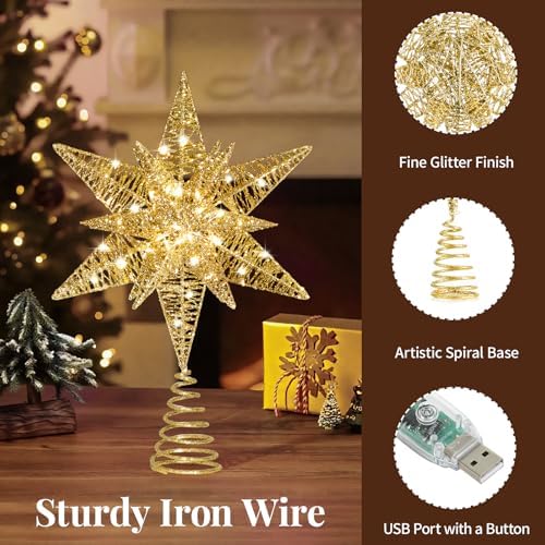 Lewondr Christmas Star Tree Topper, 14.6" Lighted Glitter 3D Star Treetop - Image 3