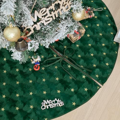 AVOIN colorlife Soft Plush Faux Fur Christmas Tree Skirt 48 Inch, Jacquard Green Xmas Star Pine Trees Winter Holiday Mat Decoration - Image 2