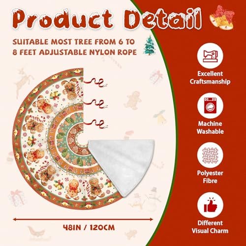 Gingerbread Christmas Tree Skirt 48 Inch, Christmas Skirt Tree Decoration, Christmas Trees Mat for Under Trees Holiday Party Indoor Outdoor Decorations, Winter Gift for Women Wife Mom - Image 3