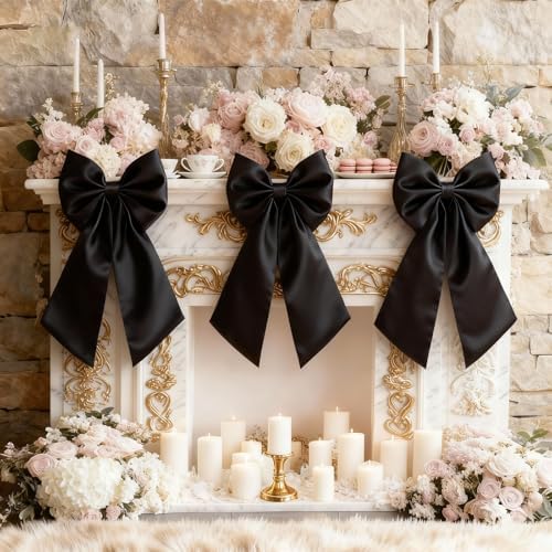 Black Bows Decor 22×11 Inch Big Black Bows Decoration Background for Crib Christmas Tree Topper Bachelorette Coquette Baby Bridal Shower Wedding Xmas Valentine's Day Bows for Car (3 Pack) by Froova