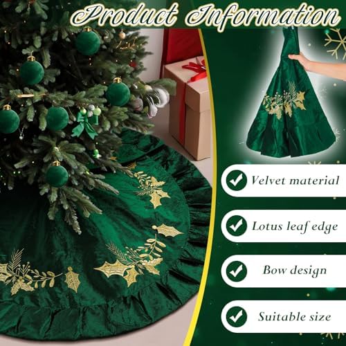 48 inches Velvet Christmas Tree Skirt Red Wine Gold Fur Plush Tree Skirt Luxury Xmas Skirts for Merry Christmas Party Vintage Holiday Decorations(Green with Gold Embroidered Holly) - Image 3