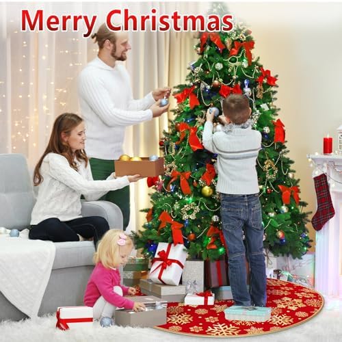 DeckTheHalls 36 Inch Christmas Tree Skirt, Snowflake Round Red Tree Skirt - Image 6