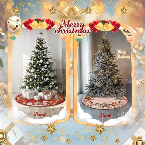Double Sided Snowman Reindeer Santa Snowman Snowflake Christmas Tree Skirt, Snowman Tree Skirt for Winter Holiday Party Christmas Tree Skirt Decoration, 36 Inch Pink Tree Skirt - Image 2