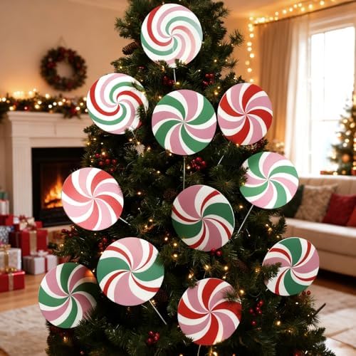 12Pcs Large Candy Christmas Tree Decorations Peppermint Lollipop Christmas Picks for Tree, 7.87" Pink and Red Candy Ornaments, Plastic Candyland Tree Topper for Xmas Holiday Party Vase Decor - Image 3