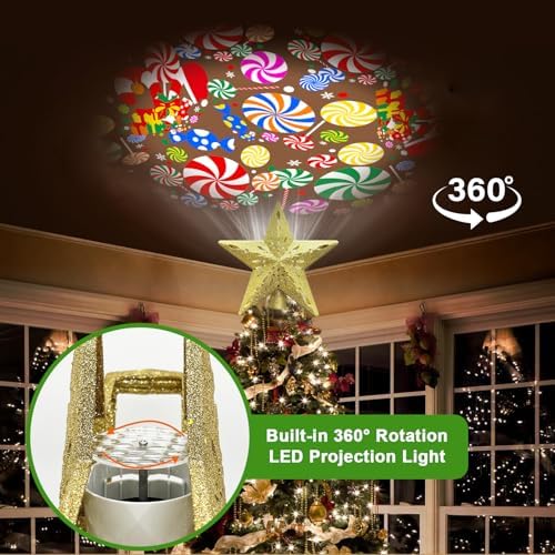 10" Christmas Tree Topper Projector with 6 Projection Modes, Built-in LED Rotating Light, 3D Glitter Dynamic Projector Light Up Tree Topper Star for Xmas Holiday Party Decorations Gifts (Gold) - Image 3