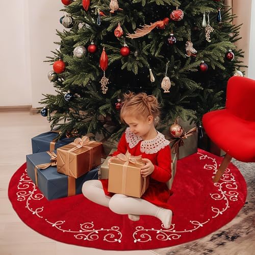 48inch Christmas Tree Skirt Red Luxury Velvet Plush Fur Skirts Baroque Tree Skirts with Gold Embroidered Pearls and Crystals Xmas Velvet Trees Skirt for Christmas Holiday Party Home Decorations - Image 5