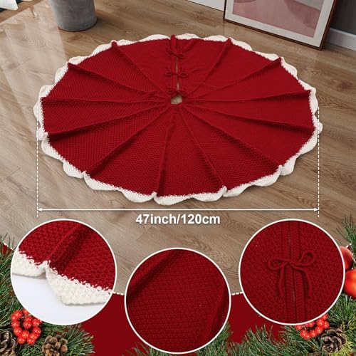 NIBESSER Red Knit Christmas Tree Skirt 48" for Christmas Decorations - Yarn Thick Rustic Cable Knit Tree Skirt Mat for Home Party Holiday Ornaments - Image 2