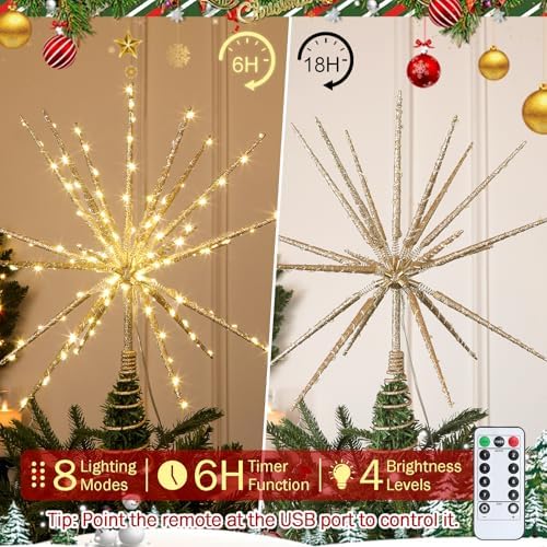 HMASYO 15 Inch Twinkling Starburst Christmas Tree Star Topper, 19-Point Gold Star Tree Topper with 150 LED, Remote Control & Timer, USB Power for Indoor Home Holiday Party Xmas Tree Decoration - Image 4