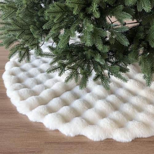 48-Inch Puff Quilt Faux Fur Christmas Tree Skirt, Soft Plush Tufted Texture with Satin Ribbon Ties, Cream - Image 3