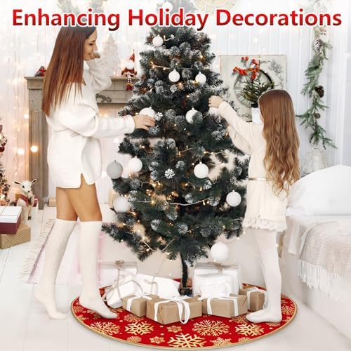 DeckTheHalls 48 Inch Christmas Tree Skirt, Snowflake Round Red Tree Skirt - Image 5