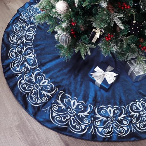 Bunny Chorus Christmas Tree Skirt, 72 inch Large Velvet Fur Plush Blue Tree Skirt, Xmas Tree Skirts with Silver Embroidered Wave Pattern for Merry Christmas Party Christmas Tree Decorations by Ivenf