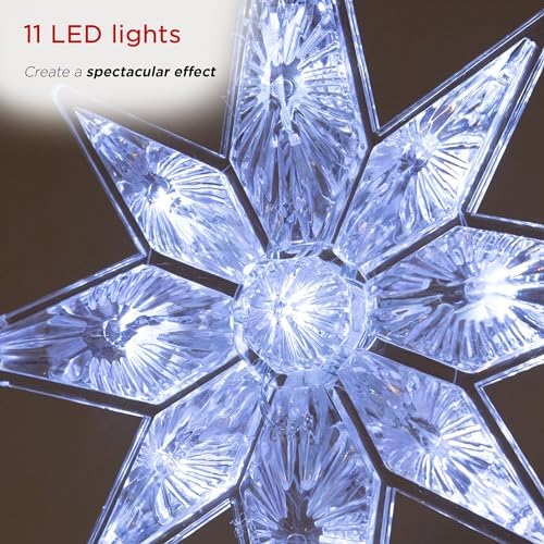 Alpine Corporation 13" Tall Snowflake 8-Point Tree Topper with 11 Cool White LED Lights, Christmas Decoration with Timer Function, and Radiant Glow for Holiday Trees - Image 4