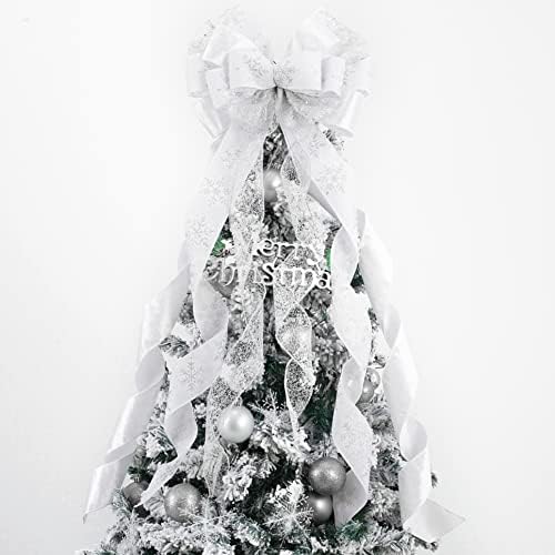 MEEDEE White Glitter Christmas Bows - 12" Wide Velvet Bows for Christmas Tree (1 Pack) by MEEDEE