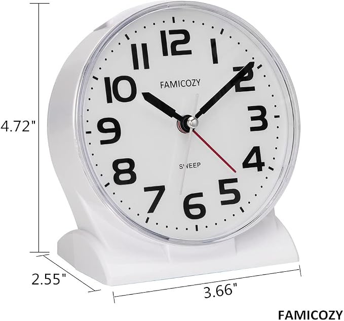 FAMICOZY 4.5" No Ticking Analog Alarm Clock,Silent Readable for Seniors,Easy to Set,Gradual Rise Alarm,Big Numbers,On/Off Switch on Side,Gentle Wake,Snooze Soft Backlight,Battery Operated,White - Image 7
