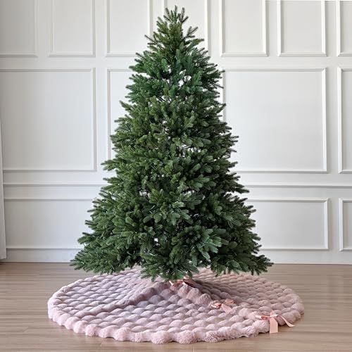 60-Inch Puff Quilt Faux Fur Christmas Tree Skirt, Soft Plush Tufted Texture with Satin Ribbon Ties, Baby Pink - Image 2