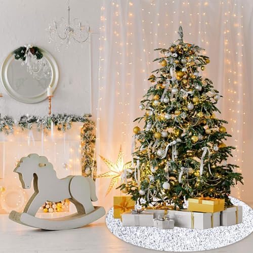 Velvet Christmas Tree Skirt White and Silver Sequin Tree Skirt 21 Inch Round Tree Mat Luxury Embroidered Sequined and Velvety Xmas Tree Skirts Sparkly Skirt for Small Tree Christmas Holiday Decor - Image 5
