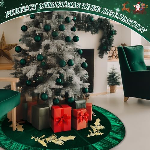 48 Inches Velvet Christmas Tree Skirt Decorations Green Luxury Xmas Fur Plush Skirts with Gold Embroidered Holly for Merry Christmas Party Rustic Vintage Holiday Home Winter - Image 6