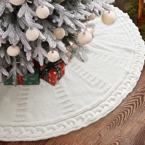 YUJUN 48 inches Christmas Knitted Tree Skirt Decorations Xmas Large White Chunky Cable Farmhouse Thick Rustic Tree Skirt for Merry Christmas Tree Holiday Home Party Decoration by YUJUN