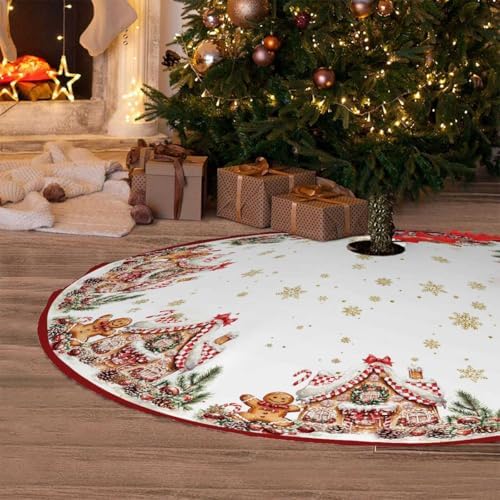 Gingerbread Christmas Tree Skirt 48Inch Red and Gold Xmas Tree Decorations - Image 2