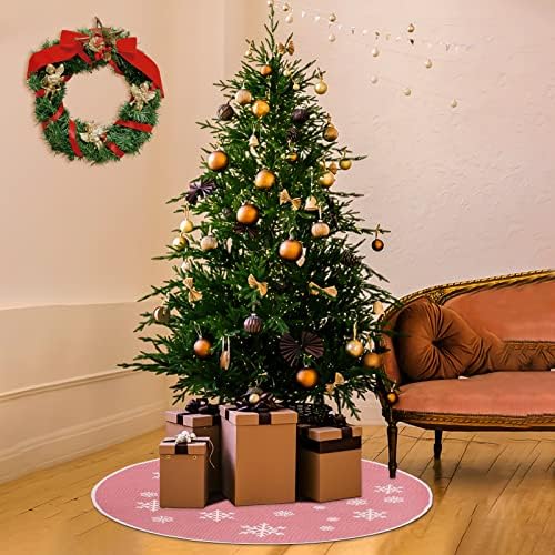 N&T NIETING Christmas Tree Skirt, 30 Inch Rustic Burlap Tree Skirt with White Snowflakes Printed Tree Mat Xmas Tree Holiday Decoration, Pink - Image 4