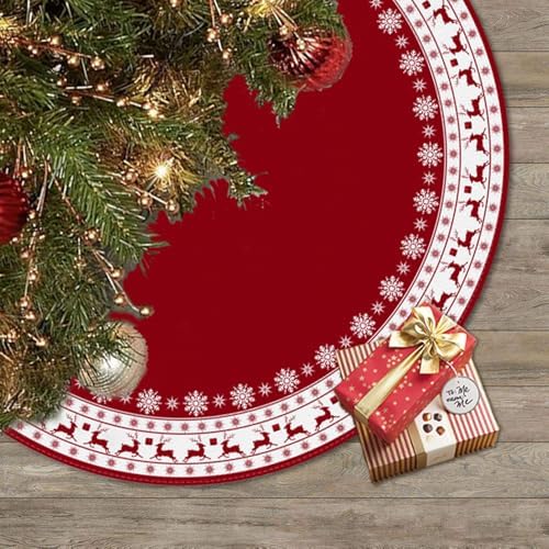 Christmas Tree Skirt, Red Tree Skirts 48 Inch with Snowflake Reindeer Rustic Farmhouse Xmas Tree Skirt Christmas Decorations for Holiday Party Decor by WNYLEPL