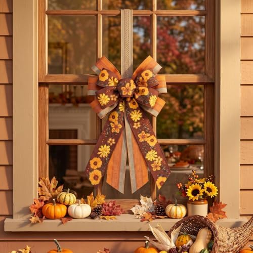 Large Thanksgiving Fall Wreath Bow, Orange Floral Tree Topper Bows - Image 5