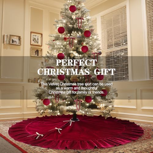 Velvet Christmas Tree Skirt, 72 Inches, Bow Style, Red - Image 4