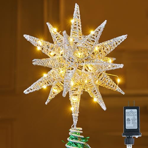 JOIEDOMI 7.8" Metal 3D Silver Glitter Star Christmas Tree Topper Decor, 56 LED Light with Plug Timer Ornaments Treetop Decorations Home Holiday Party Indoor by Joiedomi