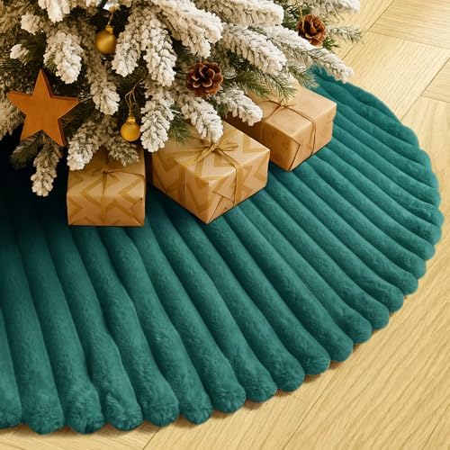 Christmas Tree Skirt Green Plush 30 inch Faux Fur Xmas Tree Skirt Soft Plush Stripe Textured Pattern for Holiday Party Christmas Tree Decorations by Amidaky