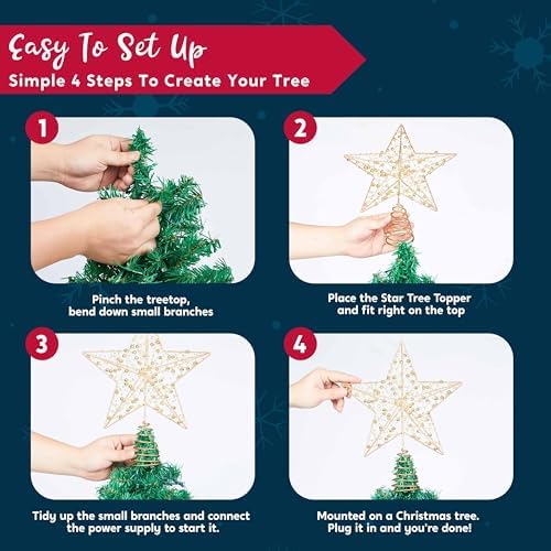 JOIEDOMI 9.5inch Metal Beaded Christmas Star Tree Topper, 20LED Warm White Lights Golden Tree Topper, USB Powered Remote Control for Christmas Tree Decorations Home Holiday Party Indoor Decor - Image 6