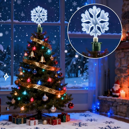 Christmas Tree Topper Lighted with White LED Lights, 360° Rotating Snowflake Tree Topper Ornament with Clip, Infinity Mirror Tree Topper Snowflake for Xmas Party Holiday Christmas Decorations - Image 2