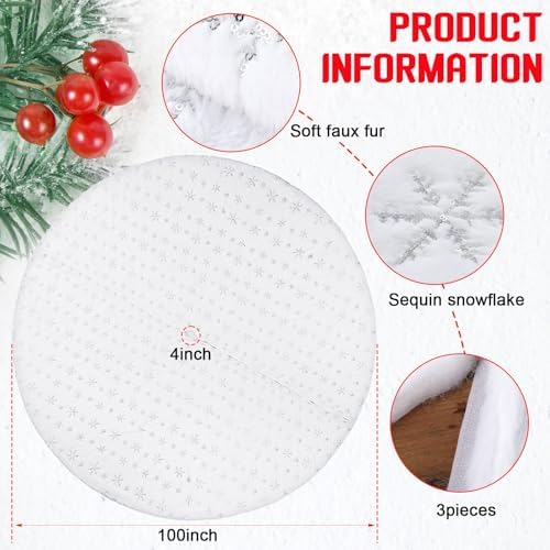 Libima 100 Inches Large Christmas Tree Skirt Faux Fur Xmas Tree Skirt White Plush Velvet with Silver Sequins Snowflakes for Xmas Decorations Merry Christmas Party Winter Home Holiday Ornaments - Image 2