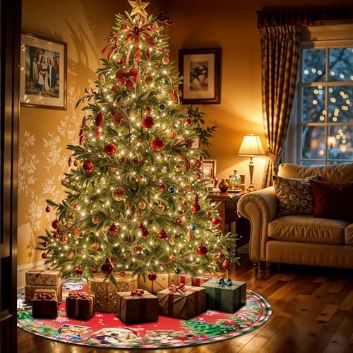 48 Inch Christmas Tree Skirt with Cats and Dogs, Christmas Soft Farmhouse Holiday Xmas Trees Decoration, Red Tree Skirt Indoor Outdoor, Christmas Tree Skirt Decoration - Image 5