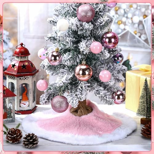 Civaner 3 Pack Faux Fur Mini Winter Tree Plush Skirt Pink with White Plush Tree Mat 15 Inches Skirt for Winter Holiday Party Indoor Outdoor Home Decoration - Image 2