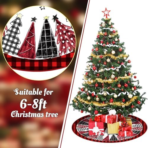 Blosssound Christmas Tree Skirt Buffalo Plaid,48 Inch,Grid,Red Black - Image 3