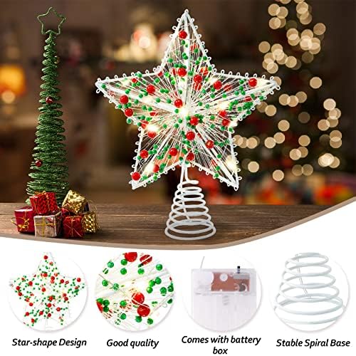 Whaline Christmas Star Tree Topper 8.3 Inch Red Green Berries Dotted 3D Star Treetop LED Lighted Battery Powered Unique Design Xmas Tree Ornament for Christmas Party Indoor Outdoor Home Decoration - Image 3