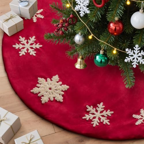 Lanpn Christmas Tree Skirt 16 inch, Velet Xmas Tree Skirt with Embroidery Snowflake Winter Christmas Tree Mat for Small mini Silm Pencil Tree Winter Holiday Indoor Xmas Decor (Red, 40cm) by Lanpn