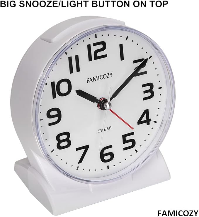 FAMICOZY 4.5" No Ticking Analog Alarm Clock,Silent Readable for Seniors,Easy to Set,Gradual Rise Alarm,Big Numbers,On/Off Switch on Side,Gentle Wake,Snooze Soft Backlight,Battery Operated,White - Image 3