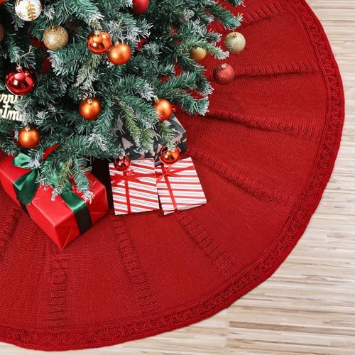 72 Inch Christmas Knitted Tree Skirt Giant Claret Red Chunky Xmas Tree Skirt Extra Large Braided Cable Knit Rustic Farmhouse Xmas Ornaments for Home Merry Christmas Holiday Winter Party Decoration by Bornerwhite
